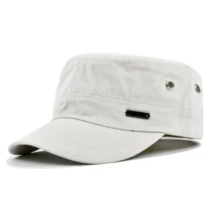 Detail of white cotton cadet cap showing metal air vents and side logo plaque
