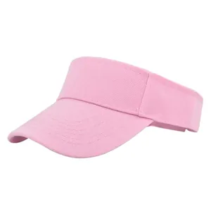 Close-up of pink open top sun visor hat with wide curved brim and cotton twill texture