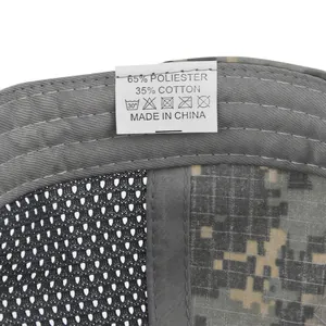 Detailed macro view of military cap interior with fabric tag and mesh material