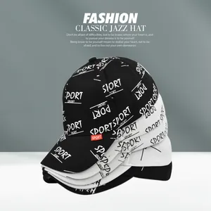 Detail of baseball caps with full SPORT letter print and six-panel curved brim design