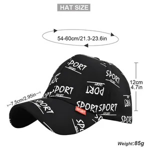 Detailed view of black baseball cap with sport print and head size measurements