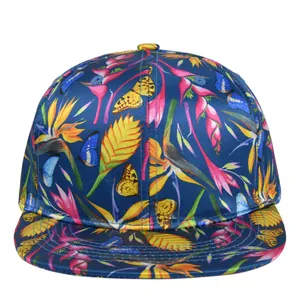 Hip-Hop Snapback Cap mit tropischem Regenwald-Schmetterlings- und Blumenmuster in Dunkelblau