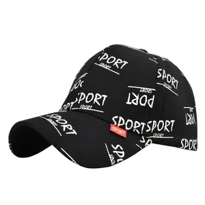 Black sports baseball cap featuring all-over white SPORT print and red side label