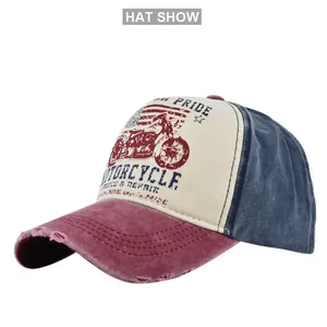 Close-up of distressed baseball cap featuring vintage motorcycle service embroidery detail