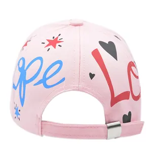 Detailed back view of pink graffiti baseball cap with metal buckle and embroidered Hope Love