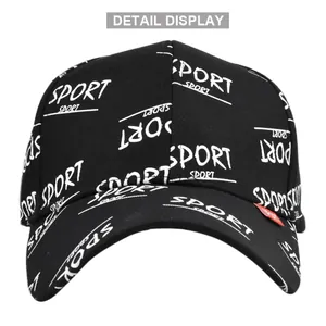 Detailed close-up of black baseball cap featuring SPORT embroidery and red side label
