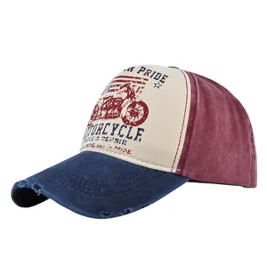 Close-up of vintage Route 66 baseball cap with distressed brim and motor embroidery