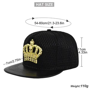 Detailed size chart for hip hop trucker hat with crown logo and mesh design