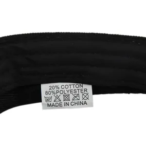 Detailed fabric care label on black mesh cap showing 20% cotton and 80% polyester material