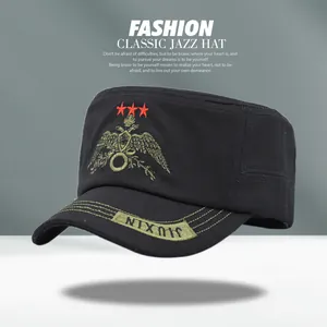 Detail of black cotton cadet cap featuring red star and eagle embroidery with brim patch