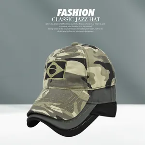 Detail of camouflage military cap featuring classic jazz embroidery and layered brim structure