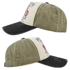 Dual-angle detail of vintage Route 66 baseball cap with distressed brim and tricolor panels