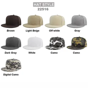 Collection of flat brim baseball caps in solid colors and various camo patterns