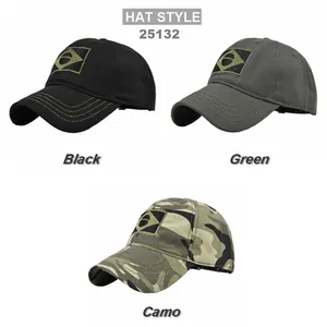 Three embroidered tactical military caps in black, olive green, and camouflage colors