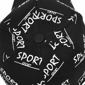 Top macro view of black baseball cap with white SPORT letter print and top button detail