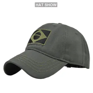 Detailed embroidery patch and four-row stitching on the brim of a dark grey military hat