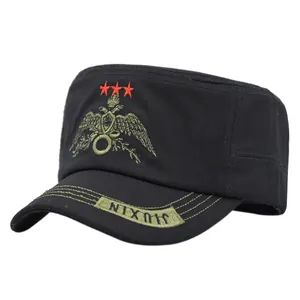 Black cotton cadet cap with golden eagle embroidery and red stars in military style