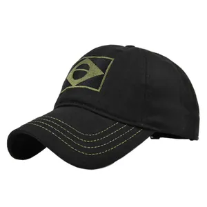 Black cotton military cap with olive green Brazilian flag embroidery in 45-degree view