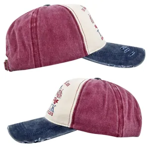 Detalle de gorra vintage tricolor con bordado en 3D y bordes desgastados de estilo retro