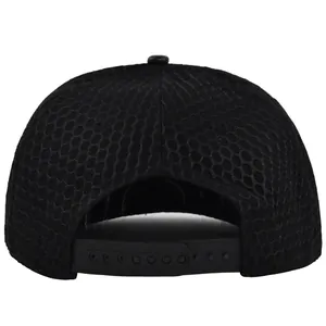 Detail of black trucker hat breathable mesh back and adjustable snapback closure