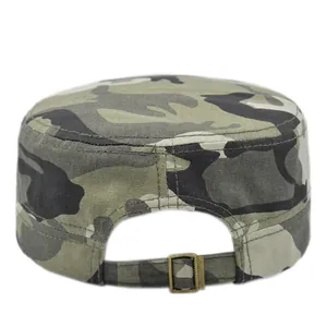 Detail of adjustable metal buckle and camouflage strap on cotton cadet army cap