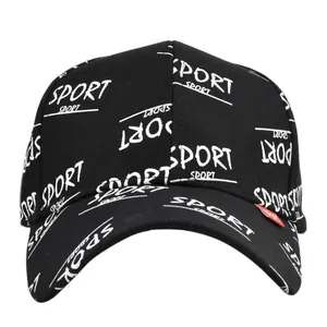 Black cotton baseball cap featuring white Sport prints and a red side label accent