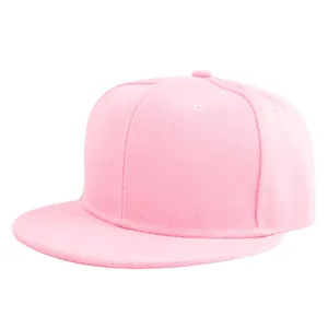 Close-up of light pink snapback hat with premium twill fabric texture and six-panel design