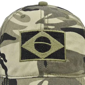 Tactical camouflage baseball cap with embroidered Brazil flag patch on white background