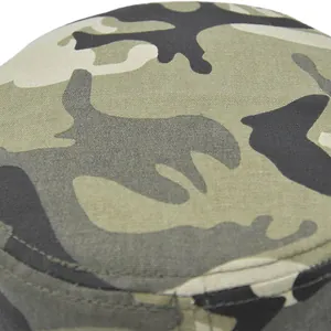 Detailed close-up of jungle camouflage cotton fabric texture and stitching on army cap