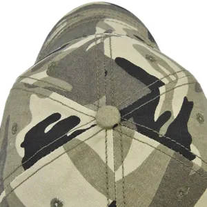 Top view detail of camo military cap showing six-panel stitching and durable fabric texture