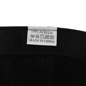 Detail shot of the 100% acrylic material tag and quality stitching on the hip hop cap