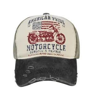 Distressed Route 66 embroidered baseball cap with vintage American flag mesh design
