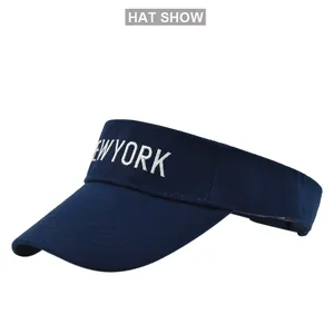 Detail of white NEW YORK embroidery on navy mesh ponytail sun hat with wide brim