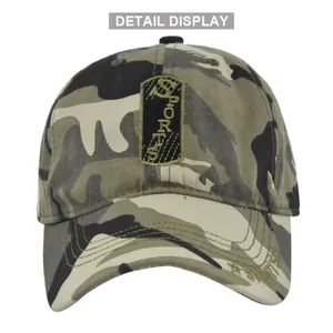 Détail de la casquette de baseball camouflage avec broderie 3D SPORTS et texture en toile
