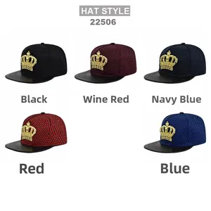 Flat brim hip hop caps with mesh back, leather brim and gold crown metal emblem in five colors
