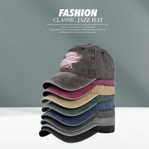 Detailed stack of American retro style washed canvas baseball caps with USA embroidery