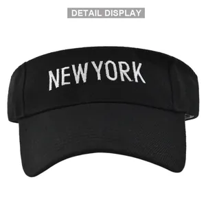 Detail display of white NEW YORK embroidery on a black cotton twill visor cap