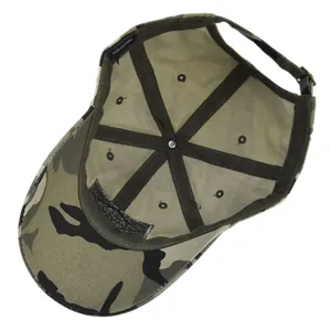 Detail of 100% cotton camo military cap showing inner seams and adjustable strap