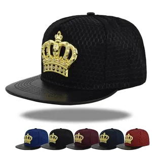 Hip Hop Crown Metal Label Trucker Hat Rhinestone Inlaid Honeycomb Mesh Baseball Cap Adjustable Faux Leather Brim Streetwear Snapback Hat For Men Women