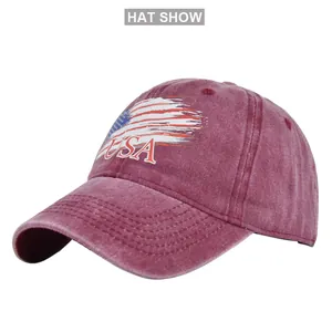 Close-up detail of vintage washed cotton fabric and USA embroidery on baseball cap