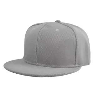 Detailed close-up of grey flat brim snapback baseball cap with six-panel design