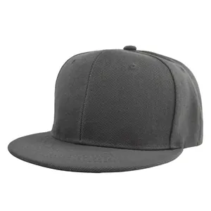 Detailed close-up of dark grey flat brim snapback baseball cap with twill fabric texture