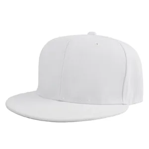 Close-up of a white snapback baseball cap showing the 6-panel structure and breathable eyelets