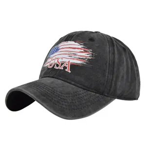 Detail of vintage grey washed cotton baseball cap with embroidered USA flag and text
