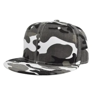 Detailed view of camo pattern and white stitching on a flat brim snapback baseball cap