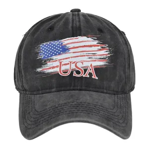 Close-up of vintage washed black cotton baseball cap with distressed USA flag embroidery