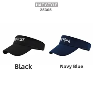 Detail of New York embroidered open-top sun visors in black and navy colors