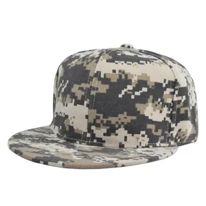 Flat brim baseball cap with digital pixelated camouflage pattern in sand and grey tones