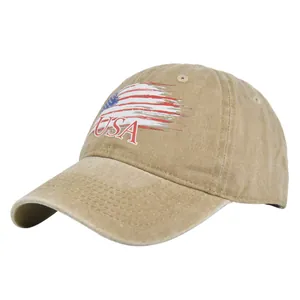Khaki baseball cap with USA embroidery and American flag print on a white background
