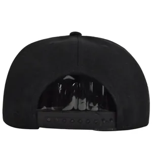 Detailed back view of black flat brim baseball cap featuring adjustable snapback closure